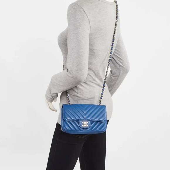 Chanel Blue Chevron Quilted Lambskin Leather Classic Mini Rectangular Bag - Picture 2 of 12